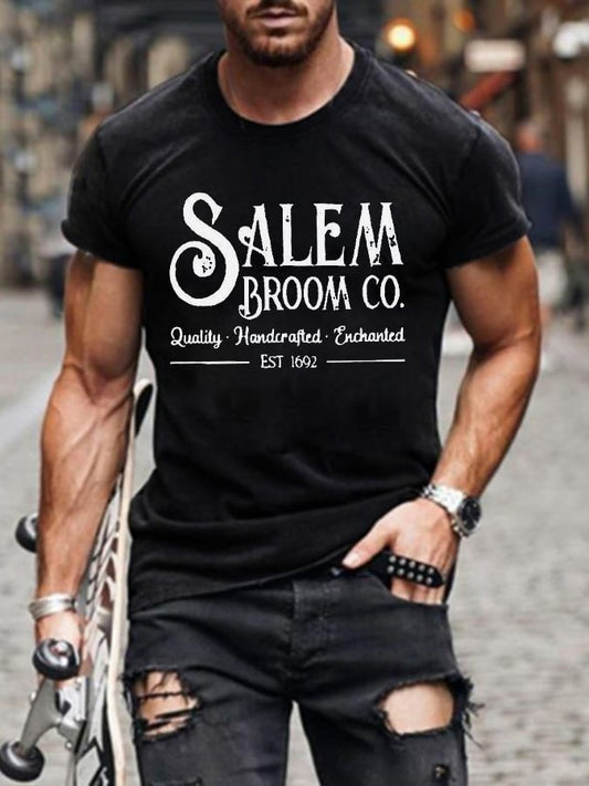 Men's Salem Broom Co Quality Handcrafted Enchanted Est 1692 Print T-Shirt