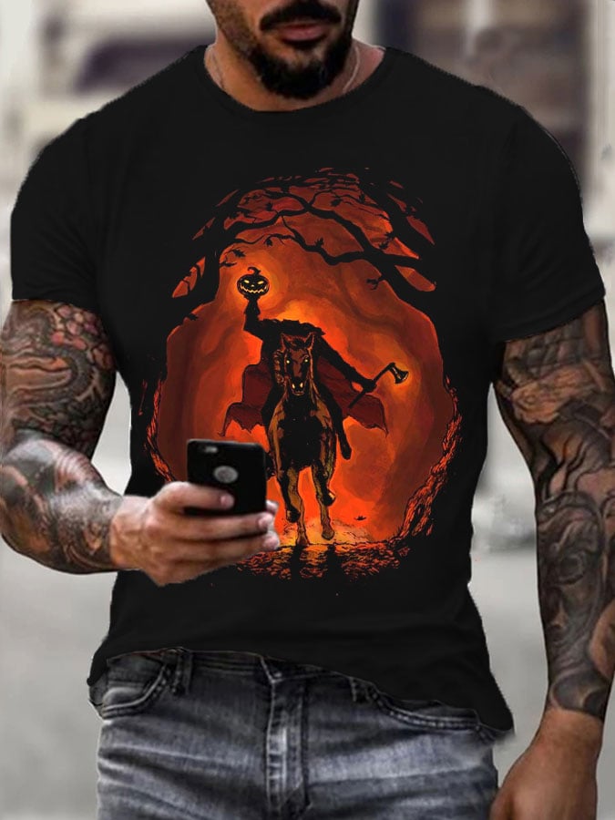 Men's Halloween Scary Pumpkin Headless Horseman Print T-shirt