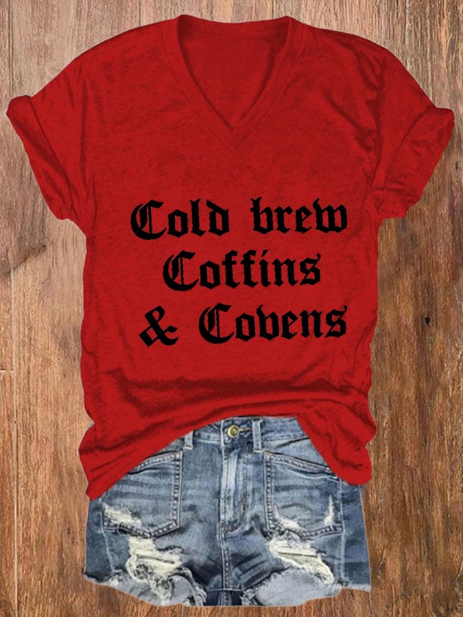 Women's Halloween  Cold Brew, Coffins & Covens  V-Neck Tee