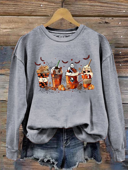 Women's Halloween Skeleton Coffee Cups Printed Sweatshirt