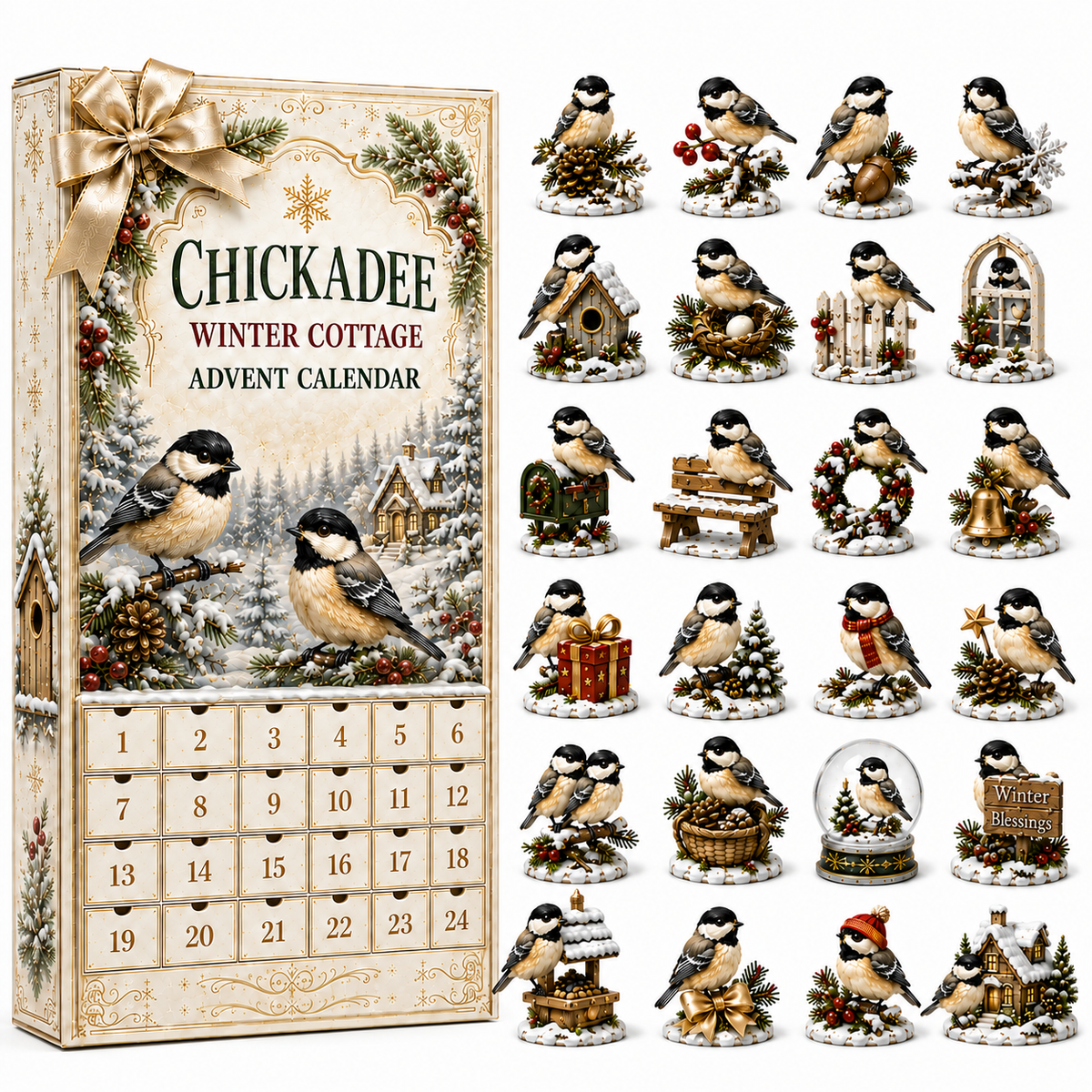 24-Day Chickadee Advent Calendar | Autumn & Winter Cottage Collectible Gift