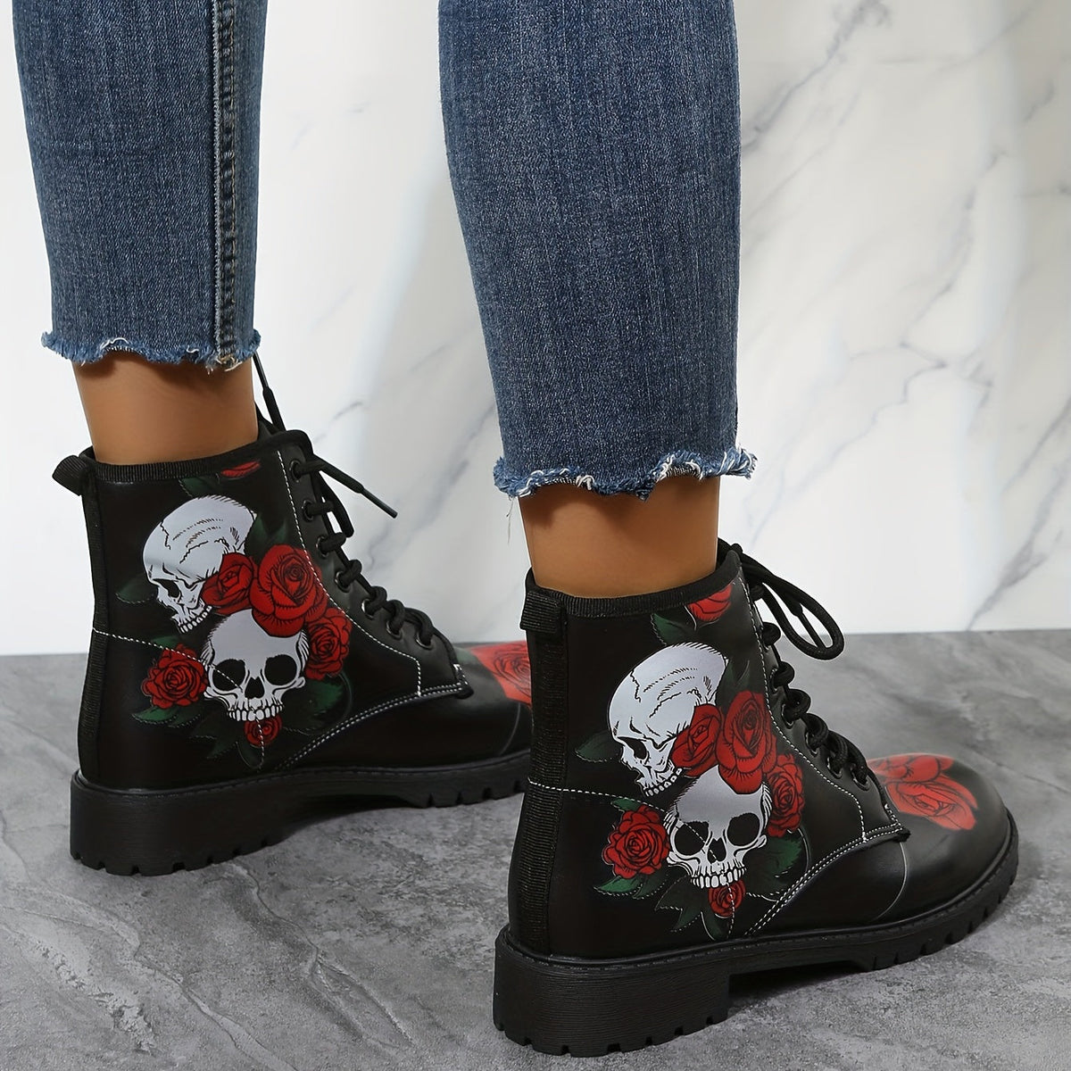 Stylish and Edgy: Women's Rose Skull Print Short Boots – Comfortable Closed Toe Lace-up Ankle Boots for Fashion-forward Women