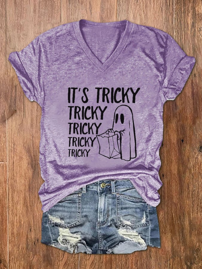 Women's It's Tricky Funny Halloween Print V-Neck T-Shirt