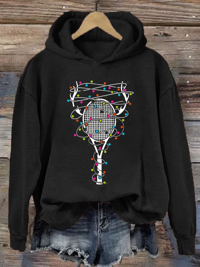 Women's Christmas Tennis Racket Print Casual Hooded Sweatshirt