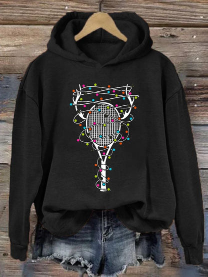 Women's Christmas Tennis Racket Print Casual Hooded Sweatshirt