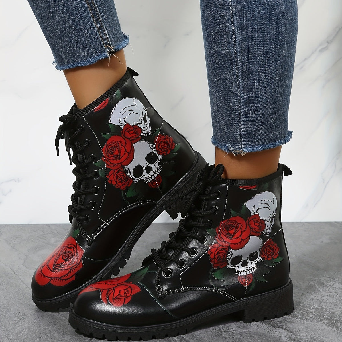 Stylish and Edgy: Women's Rose Skull Print Short Boots – Comfortable Closed Toe Lace-up Ankle Boots for Fashion-forward Women