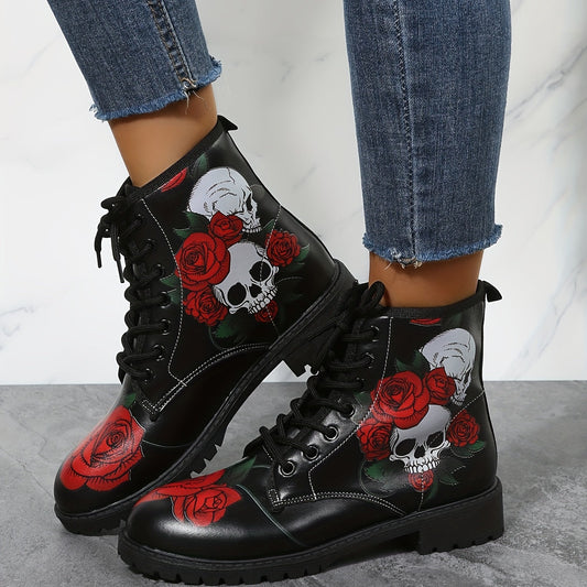 Stylish and Edgy: Women's Rose Skull Print Short Boots – Comfortable Closed Toe Lace-up Ankle Boots for Fashion-forward Women
