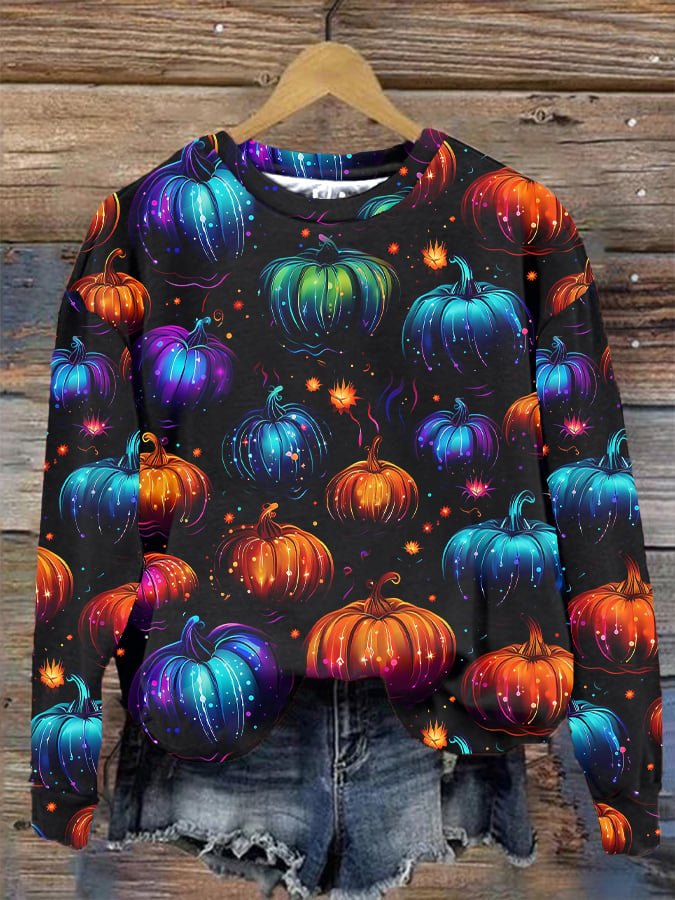 Women's Halloween Colorful Pumpkin Print Sweatshirt