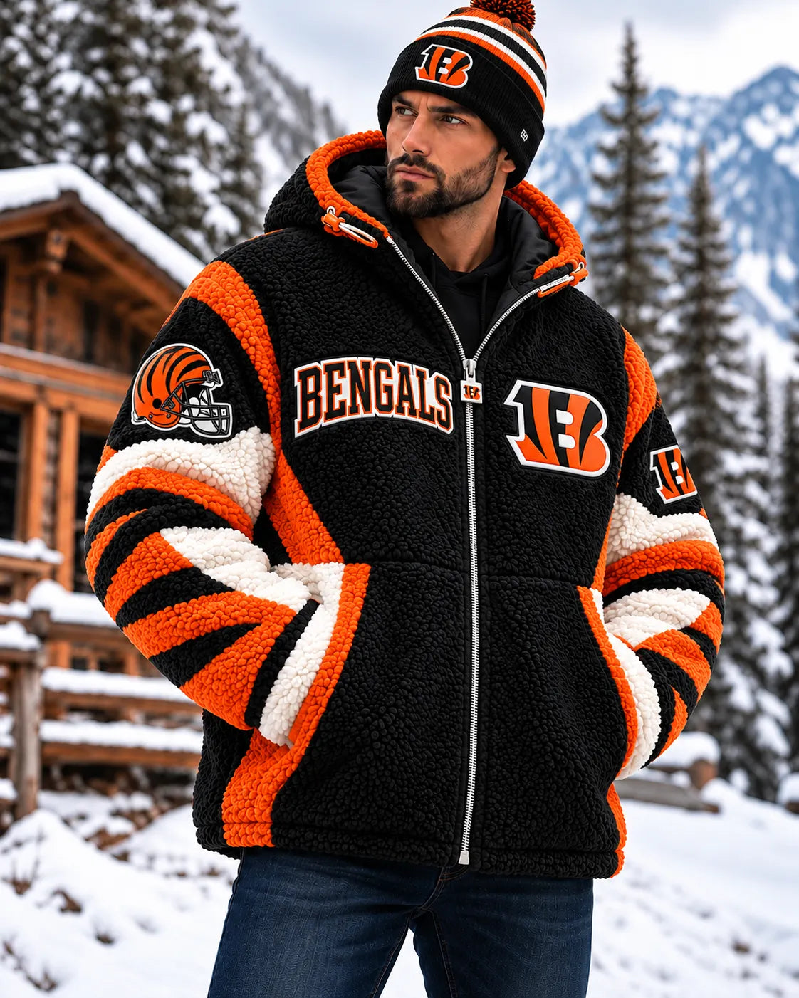 UNISEX CINCINNATI BENGALS SHERPA FLEECE ZIP UP HOODIE JACKET