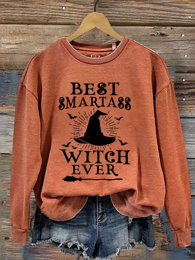 Women's Halloween Best Smartass Witch Ever Print Crew Neck Sweatshirt