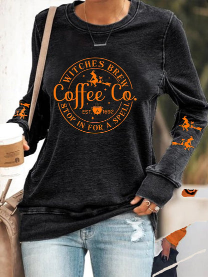 Women's Halloween Funny Coffee Co Witches Brew Printed Sweatshirt