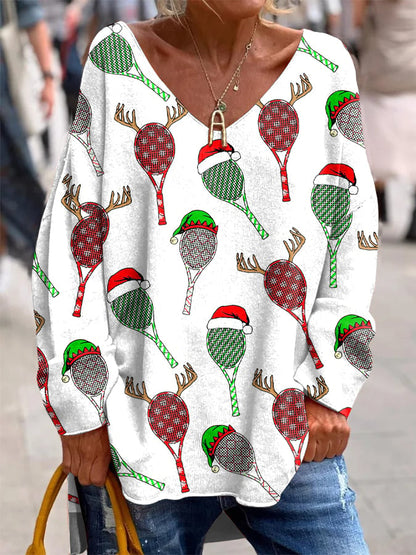 Women's Christmas Tennis Racket Printed French Cashmere V-Neck Top