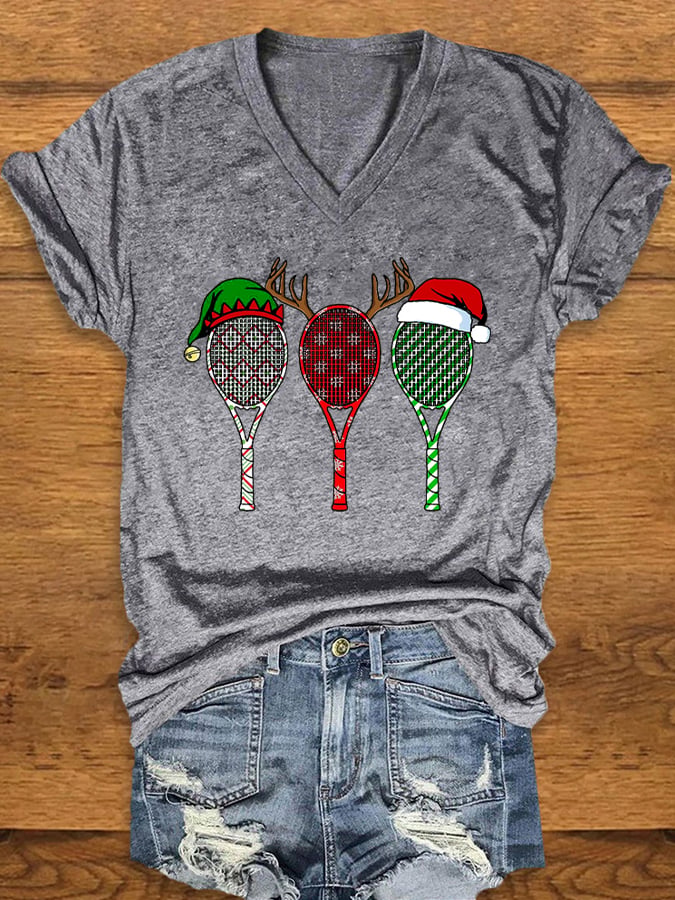 Women's Christmas Tennis Racket Print T-Shirt