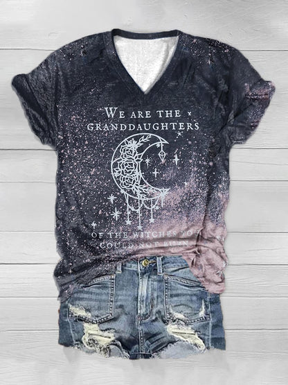 Women's Halloween We Are The Granddaughters of Witches You Could Not Burn Printed V-Neck T-Shirt