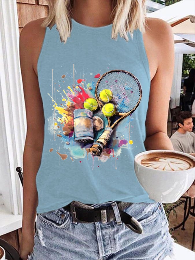 Women's Funny Tennis Print O-Neck Top
