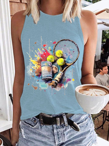 Women's Funny Tennis Print O-Neck Top