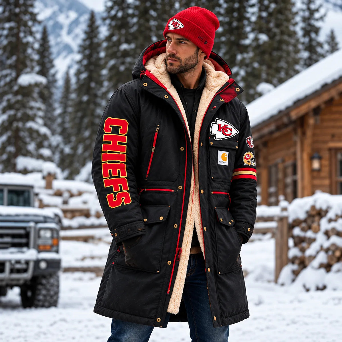 UNISEX KANSAS CITY CHIEFS BLACK WINTER SHERPA LINED HOODED PARKA JACKET