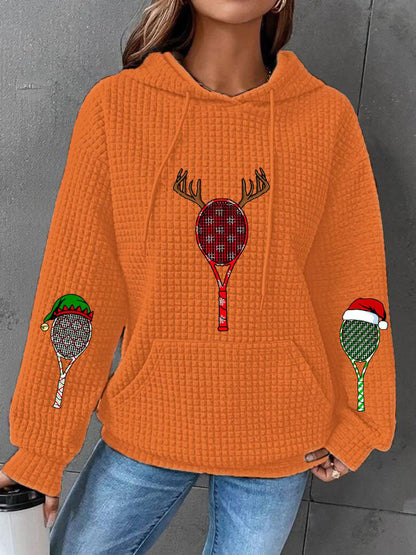 Women's Christmas Tennis Racket Print Waffle Hooded Sweatshirt
