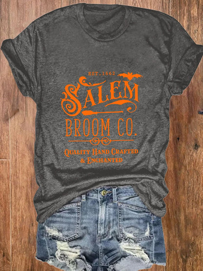 Women's Halloween Salem Broom Co Print O-Neck T-Shirt