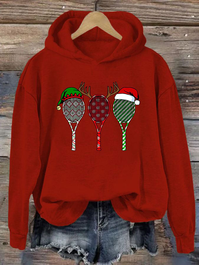 Women's Christmas Tennis Racket Print Casual Hooded Sweatshirt