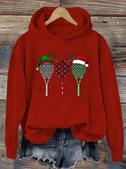 Women's Christmas Tennis Racket Print Casual Hooded Sweatshirt
