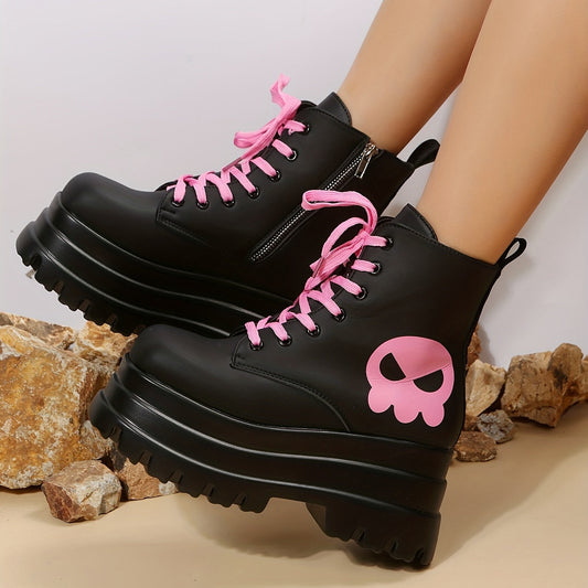 Step Out in Style: Women's Ghost-Face Print Combat Boots – Trendy Platform Boots for a Fashion-Forward Look!