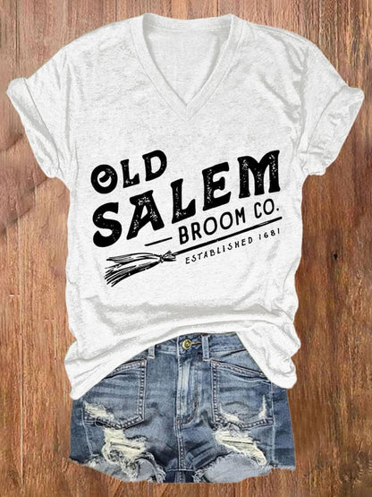 Women's Old Salem Broom Co Print V Neck T-shirt