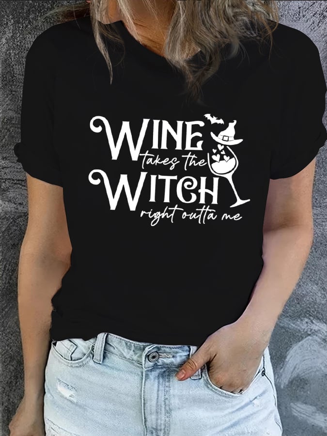 Women's Halloween Wine Print T-Shirt