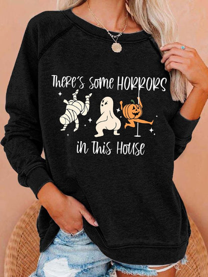 Women's Funny Halloween There's Some Horrors In This House Pumpkin Spooky Mummy Sweatshirt