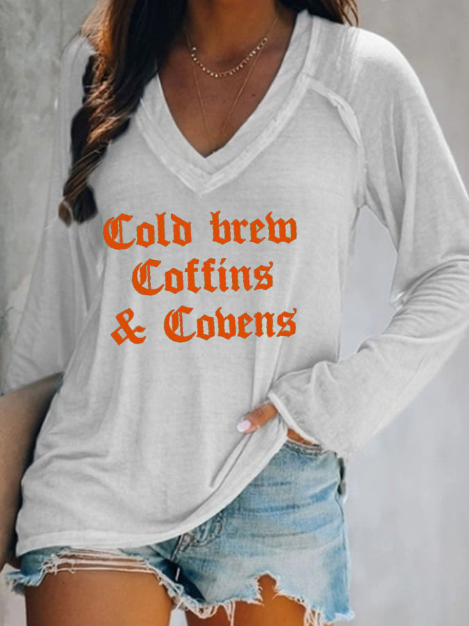 Women's Halloween Cold Brew, Coffins & Covens Printed V-neck Long Sleeve Top