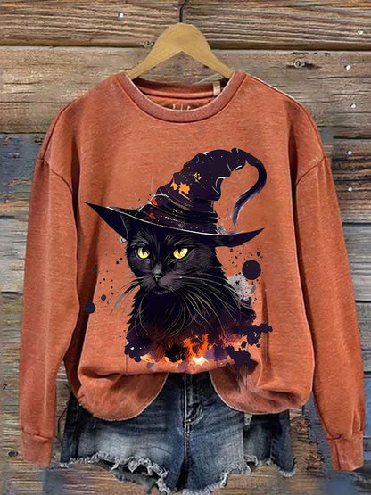 Women's  Halloween Witches Cat  Print Sweatshirt