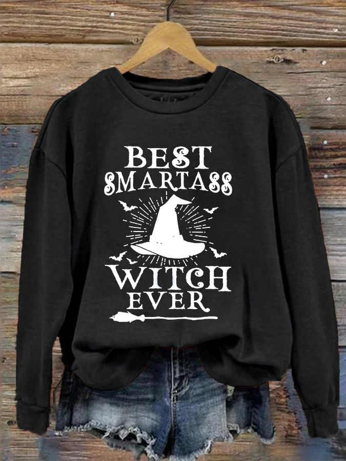 Women's Halloween Best Smartass Witch Ever Print Crew Neck Sweatshirt