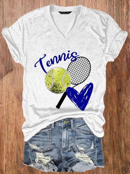 Women's Tennis Print Casual V-Neck Tee