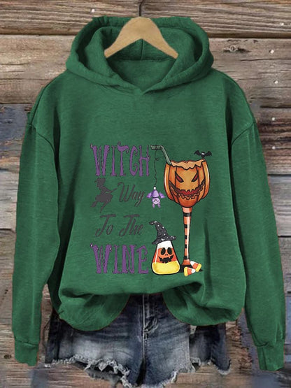 Women's Funny Halloween Witch Way To The Wine Printed Casual Hoodie