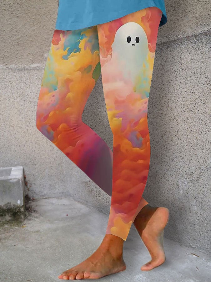 Women's Halloween Rainbow Cloud Ghost Print Leggings