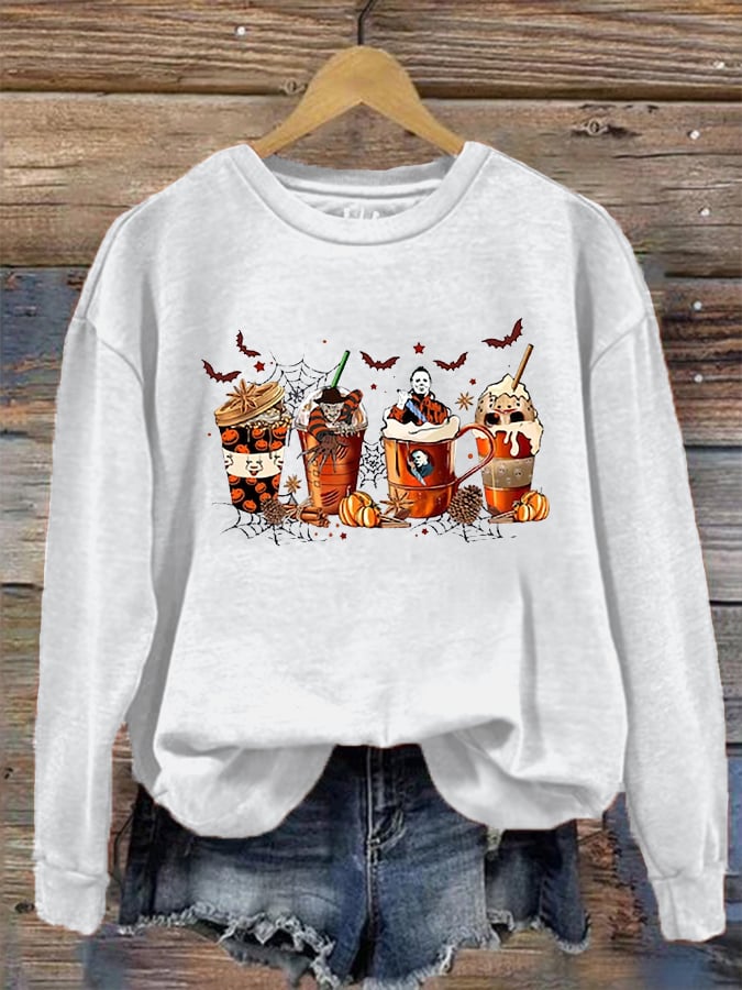 Women's Halloween Skeleton Coffee Cups Printed Sweatshirt