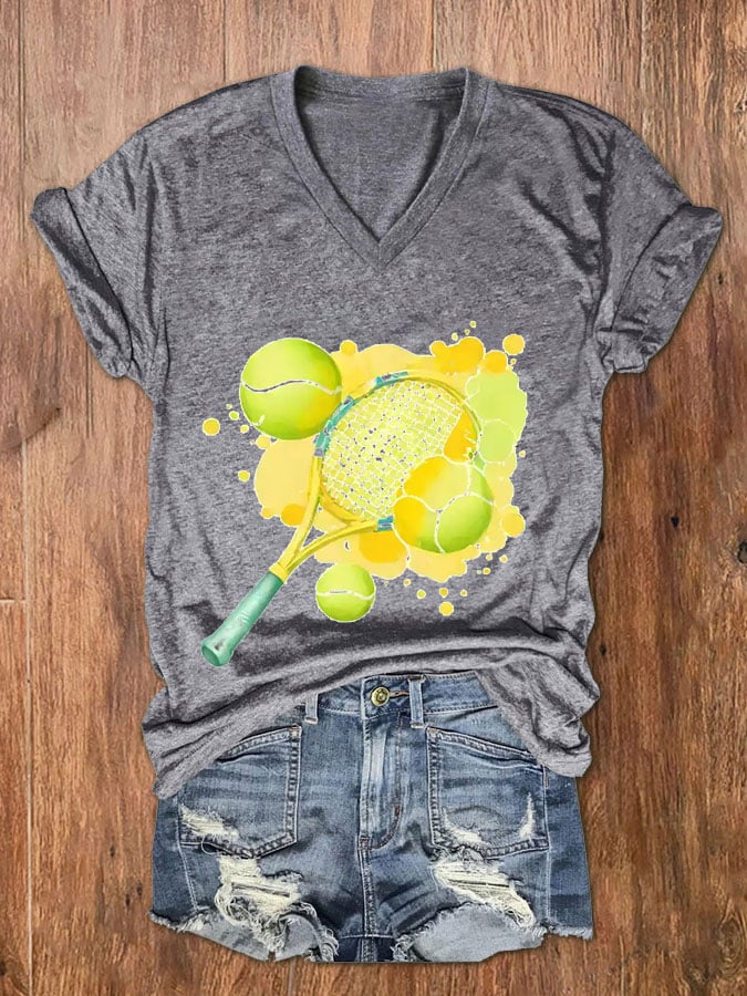 Women's Tennis Lover Watercolor V-Neck T-Shirt