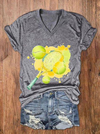 Women's Tennis Lover Watercolor V-Neck T-Shirt
