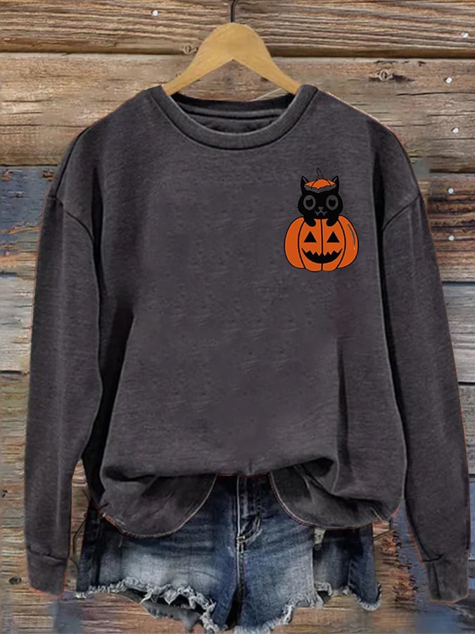 Women's Pumpkin Cat Halloween Print Casual Sweater