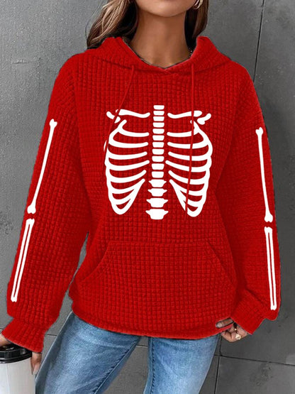 Women's Halloween Skeleton Bones Casual Waffle Hoodie