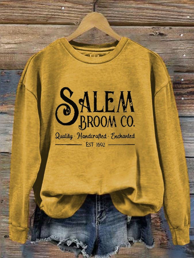 Women's Salem Broom Co Quality Handcrafted Enchanted Est 1692 Print Crew Neck Sweatshirt