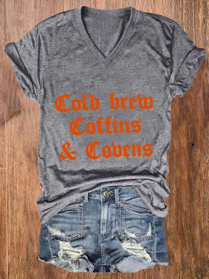 Women's Halloween  Cold Brew, Coffins & Covens  V-Neck Tee