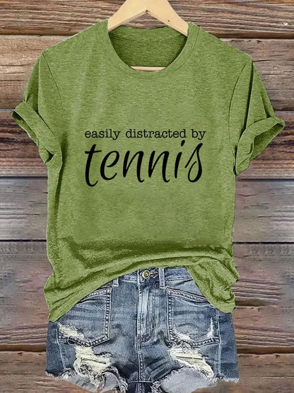 Women's Easily Distracted By Tennis Print Crew Neck T-Shirt