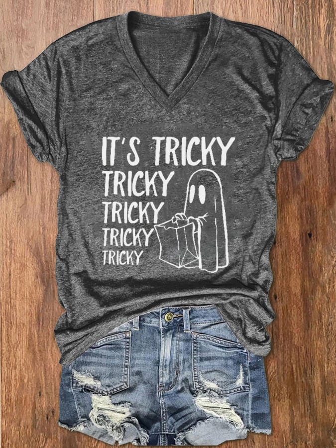 Women's It's Tricky Funny Halloween Print V-Neck T-Shirt