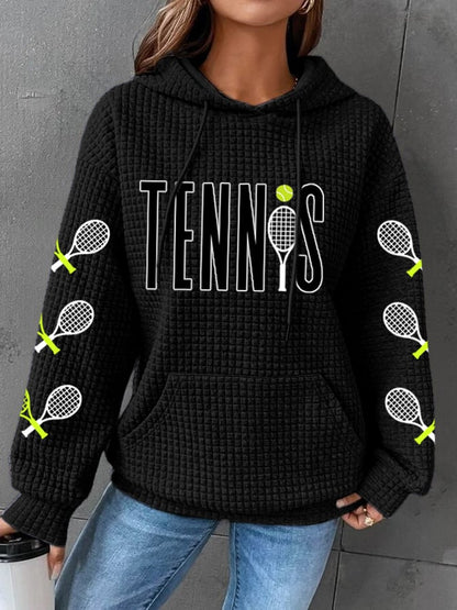 Women's Tennis Lover Print Drop Shoulder Check Pocket Hoodie