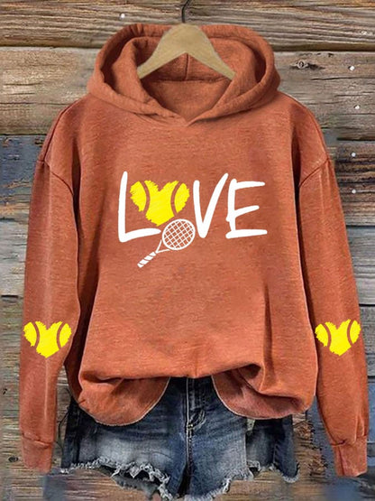 Women's love tennis printed casual hooded sweatshirt