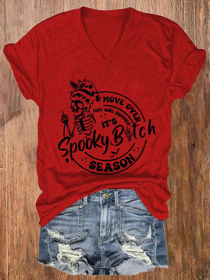 Women's Funny Halloween Spooky Bitch Season Move Over Hot Girl Summer  V-Neck Tee