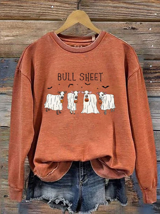 Women's Halloween Bull Sheet Funny Ghost Cows Printed Round Neck Long Sleeve Sweatshirt