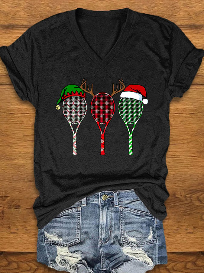 Women's Christmas Tennis Racket Print T-Shirt