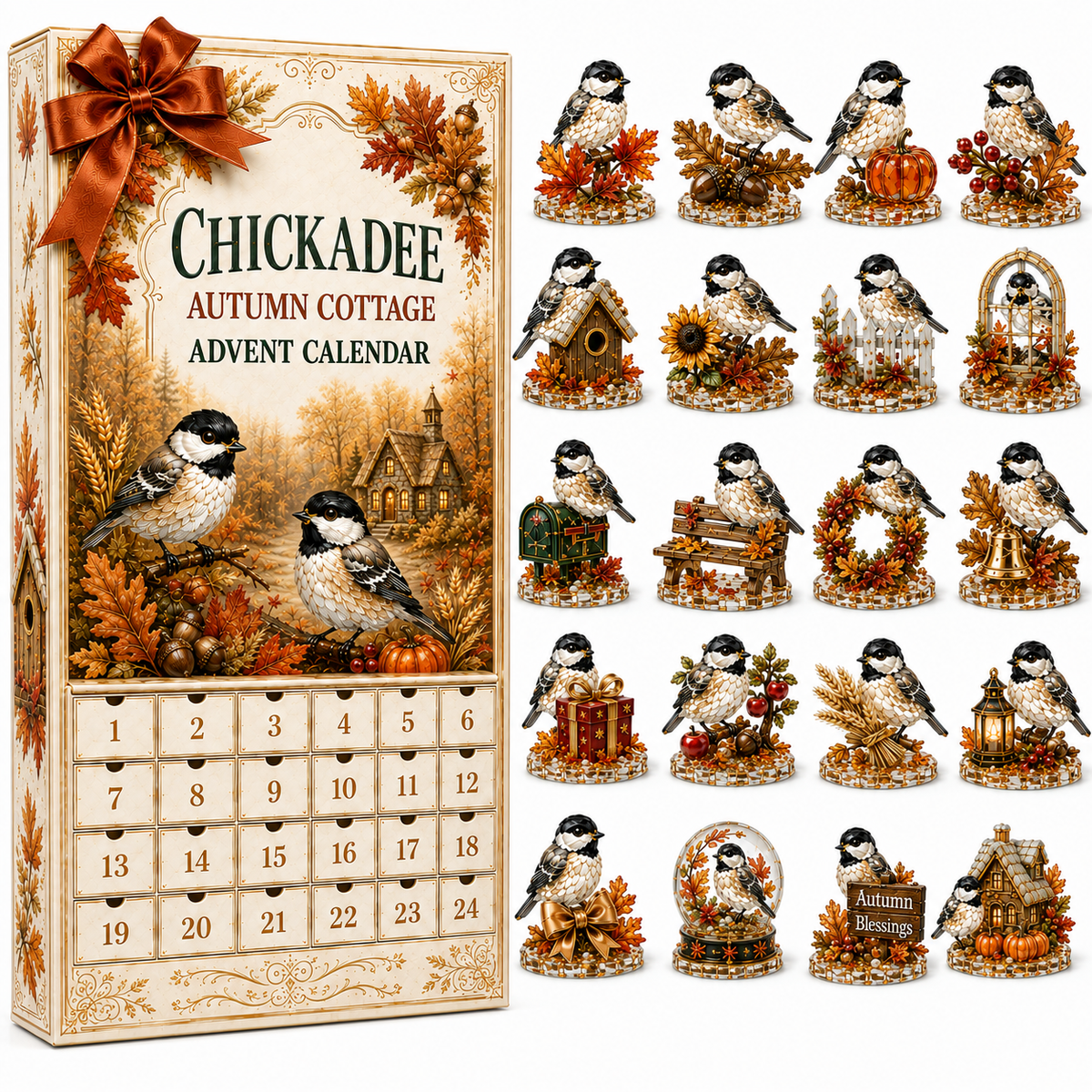 24-Day Chickadee Advent Calendar | Autumn & Winter Cottage Collectible Gift